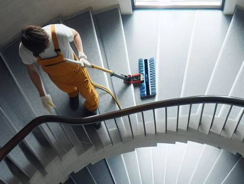 Treppenhausreinigung, Treppenhaus, Treppe, gerade Aufnahme, Reinigung, teilweise Nahaufnahme,